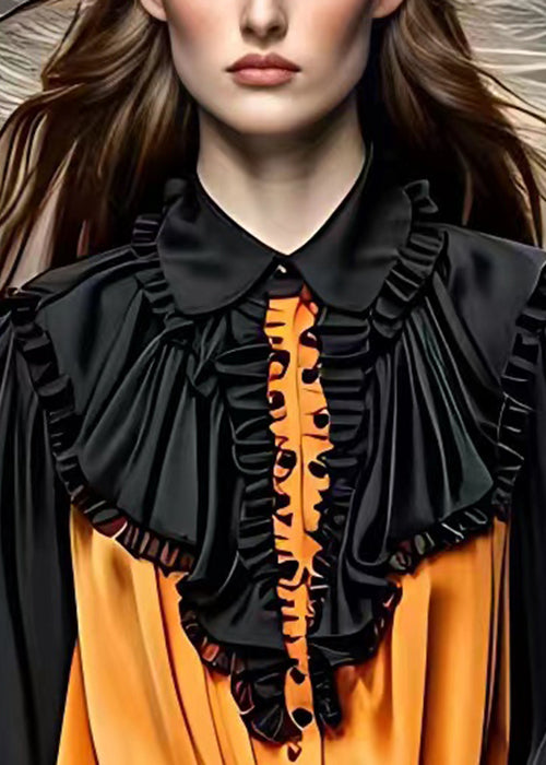 Black Peter Pan Collar Wrinkled Silk Blouses Fall