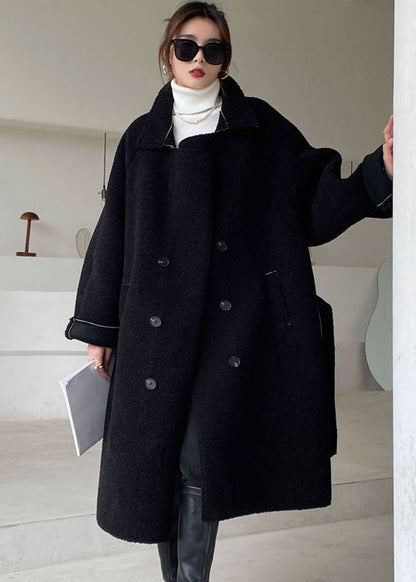 Black Peter Pan Collar Thick Faux Fur Outwear Winter