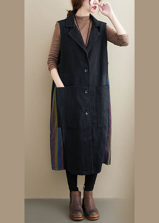 Black Peterpan Collar Button Pockets Patchwork Fall Sleeveless Waistcoat