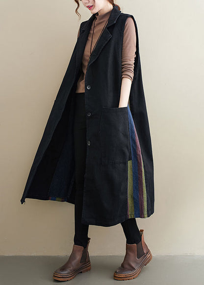 Black Peterpan Collar Button Pockets Patchwork Fall Sleeveless Waistcoat