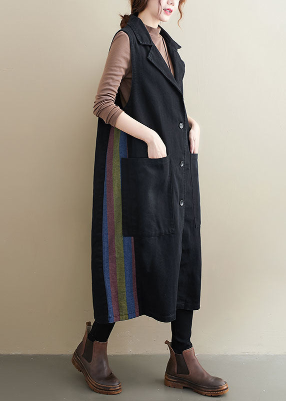 Black Peterpan Collar Button Pockets Patchwork Fall Sleeveless Waistcoat