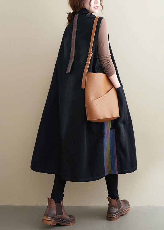 Black Peterpan Collar Button Pockets Patchwork Fall Sleeveless Waistcoat