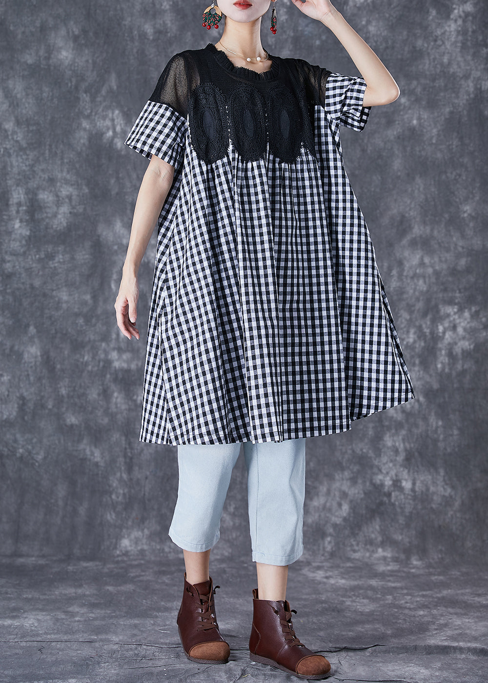 Black Plaid Patchwork Hollow Out Linen Dress Summer