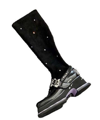 Black Platform Knit Fabric Splicing Diamond Knee Boots