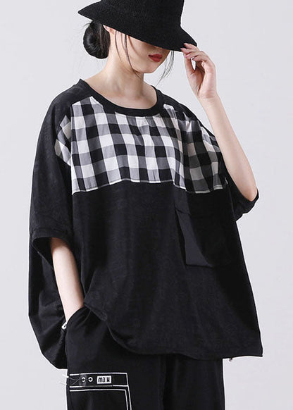 Black Pocket Plaid Cotton Shirt Tops Short Sleeve
