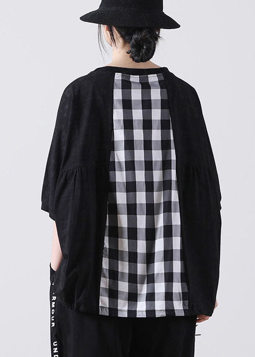 Black Pocket Plaid Cotton Shirt Tops Short Sleeve