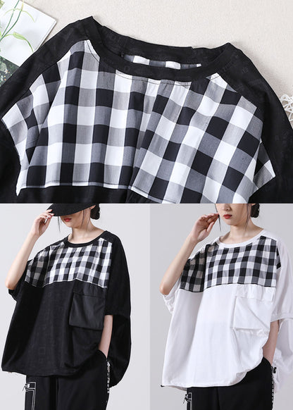Black Pocket Plaid Cotton Shirt Tops Short Sleeve