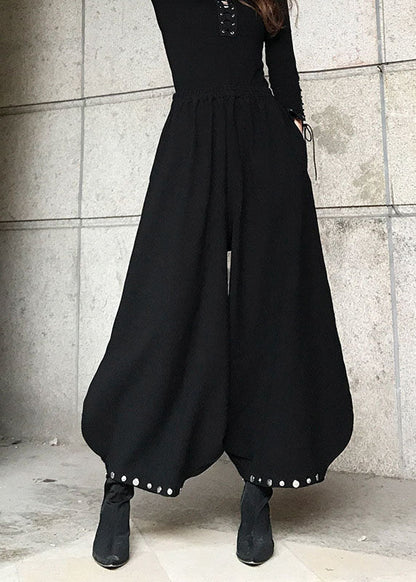 Black Pockets Cotton Lantern Pants Spring