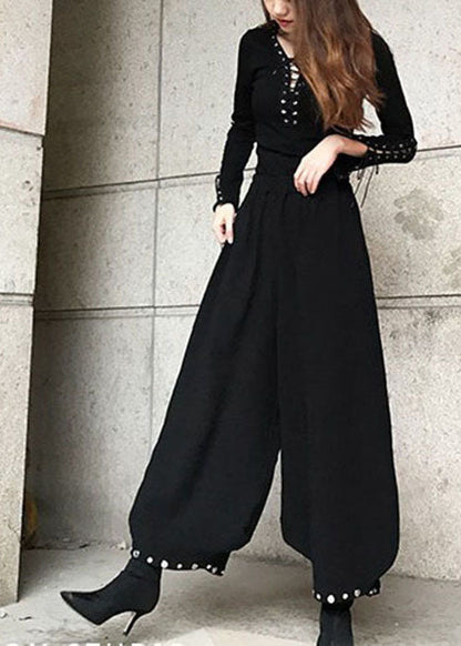 Black Pockets Cotton Lantern Pants Spring