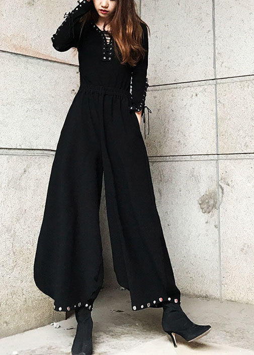 Black Pockets Cotton Lantern Pants Spring