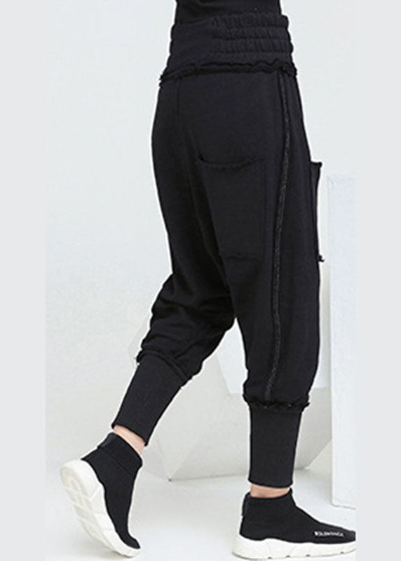 Black Pockets Elastic Waist Fall Harem Pants