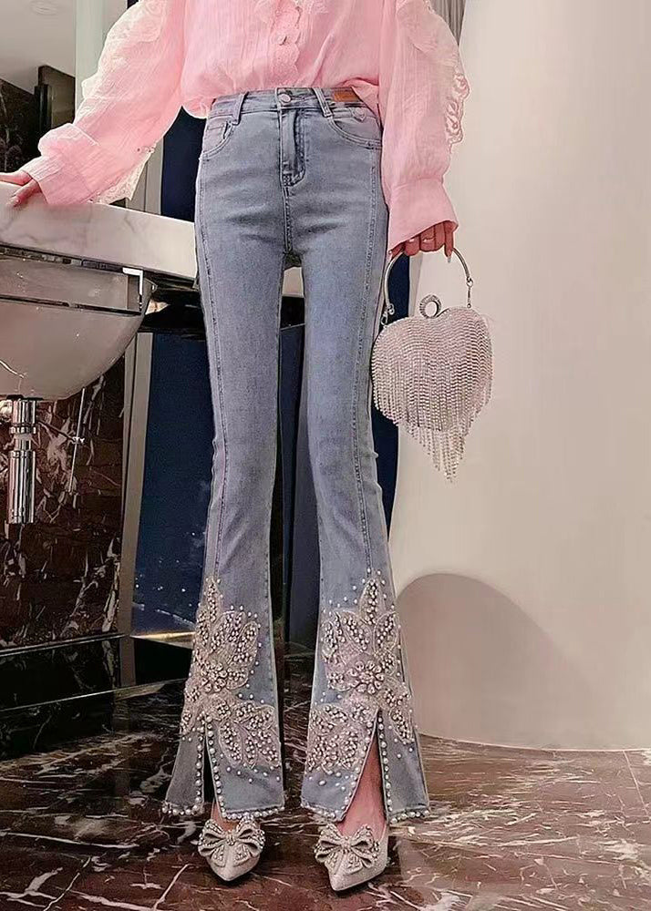 Black Pockets Nail Bead Denim Flared Trousers Spring