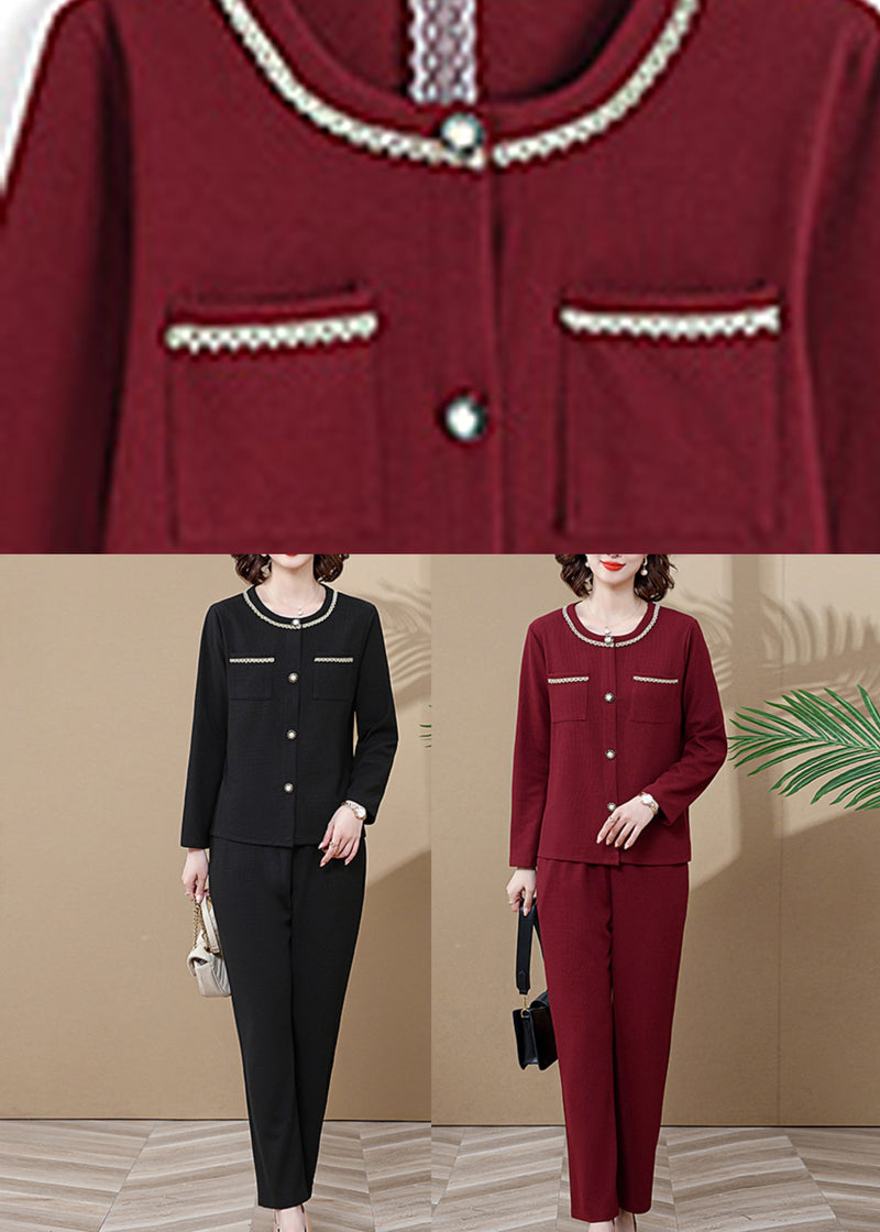 Black Pockets Patchwork Cardigans and Wide Leg Pants Two Pieces Set Long Sleeve