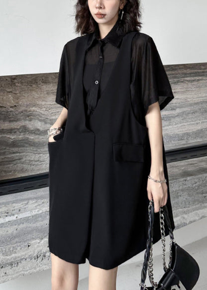Black Pockets Patchwork Falsetwo Pieces Cotton Mid Dress Summer
