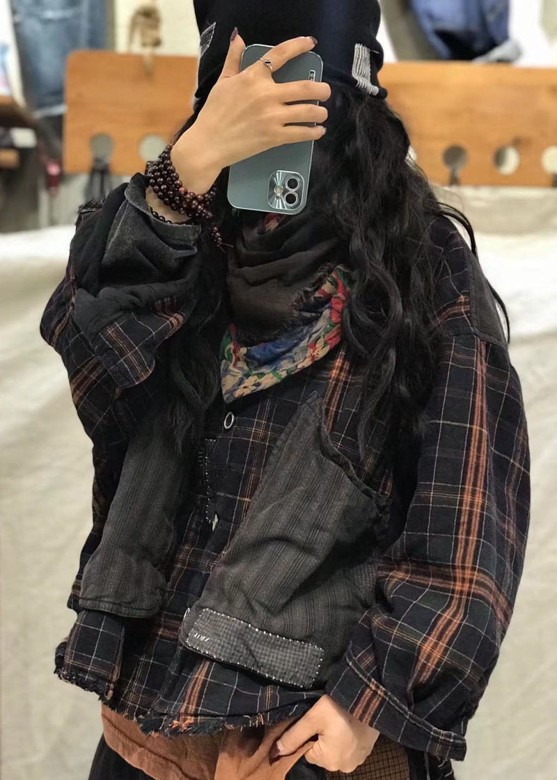 Black Pockets Peter Pan Collar Plaid Patchwork Coats Spring
