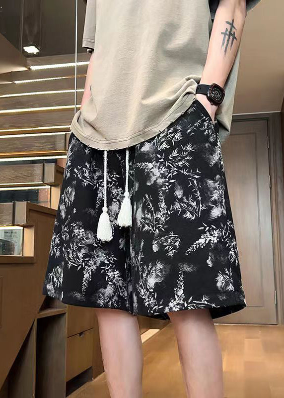 Black Pockets Print Elastic Waist Shorts Apparel Summer