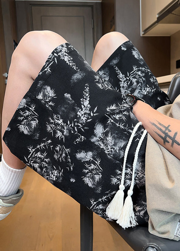 Black Pockets Print Elastic Waist Shorts Apparel Summer
