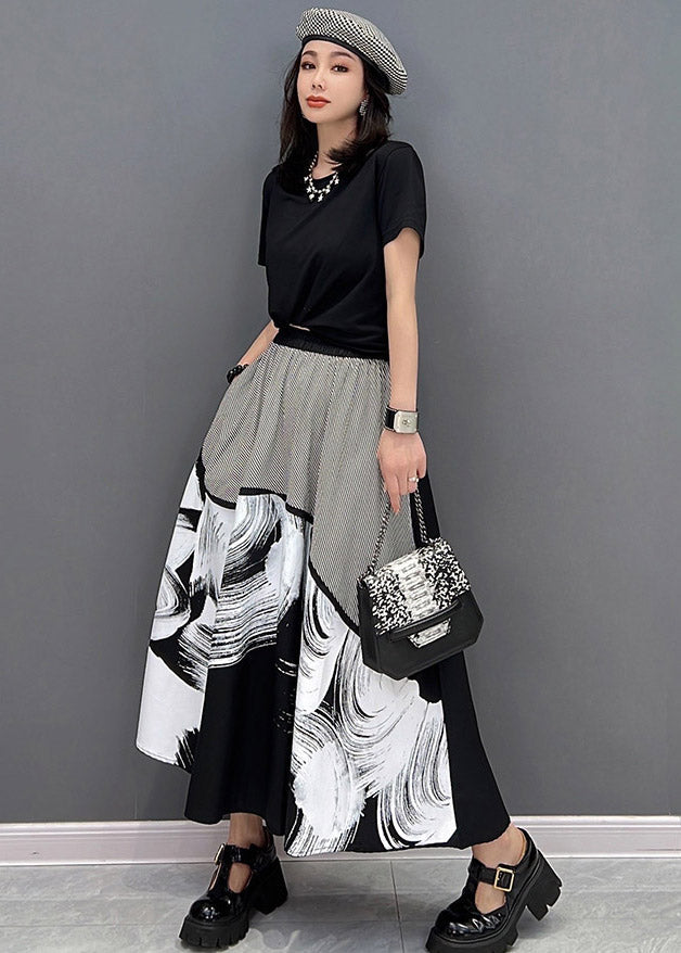 Black Pockets Print Patchwork Skirts Summer