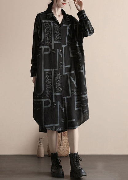 Black Print Button Patchwork Linen Shirts Dress Spring