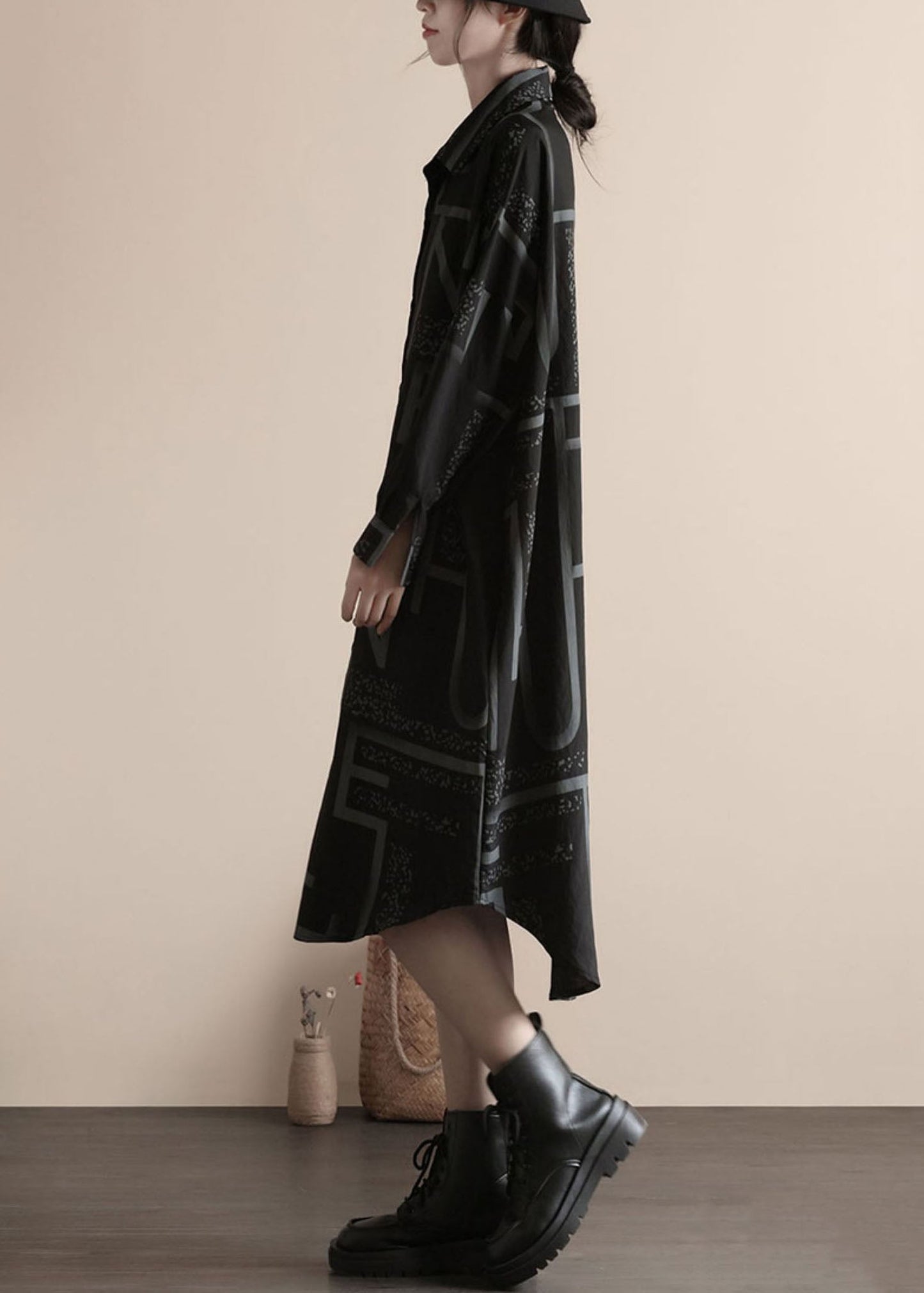 Black Print Button Patchwork Linen Shirts Dress Spring