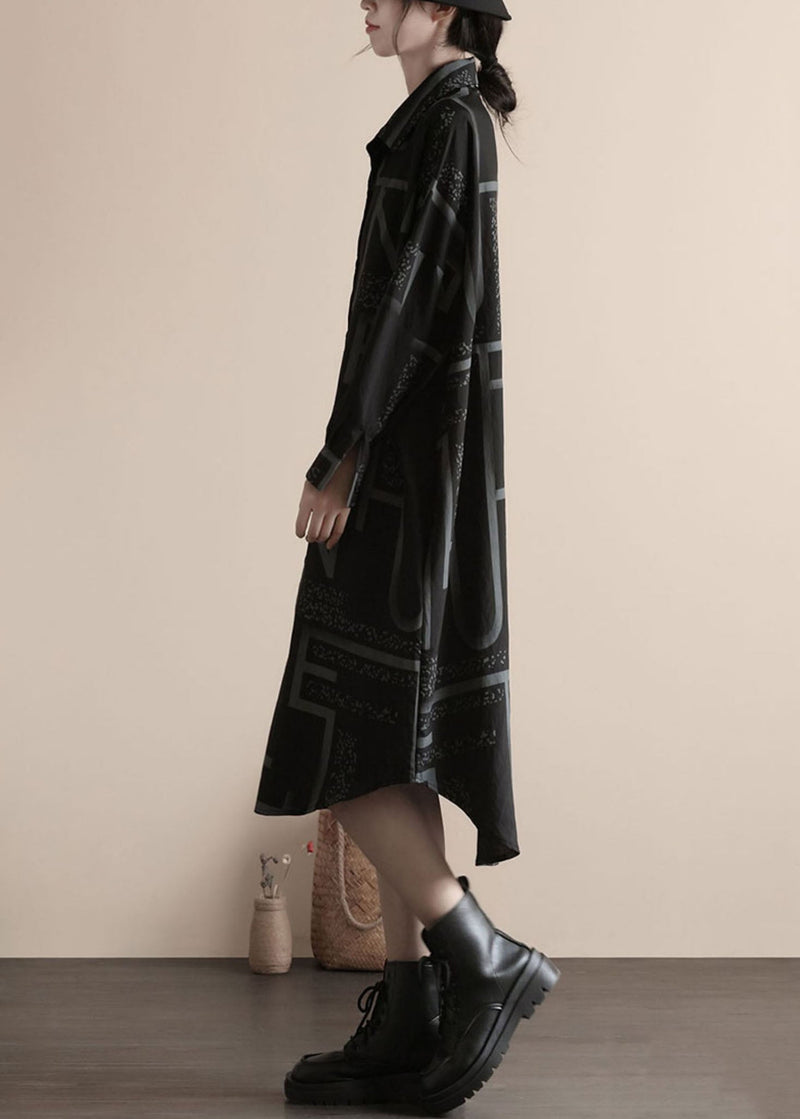 Black Print Button Patchwork Linen Shirts Dress Spring