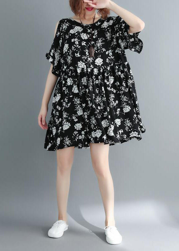 Black Print Cold Shoulder Cinched Holiday Dress Short Sleeve
