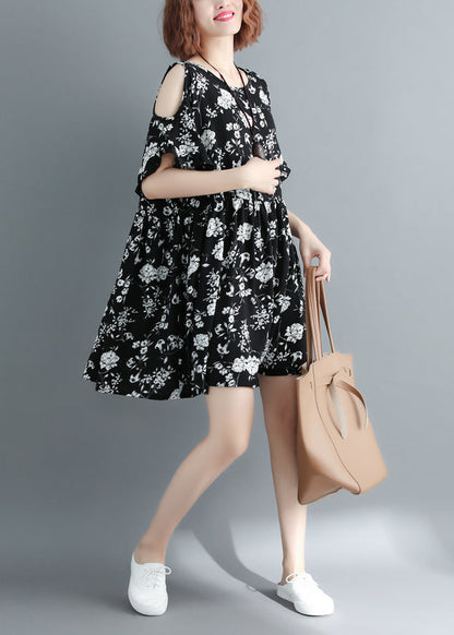 Black Print Cold Shoulder Cinched Holiday Dress Short Sleeve