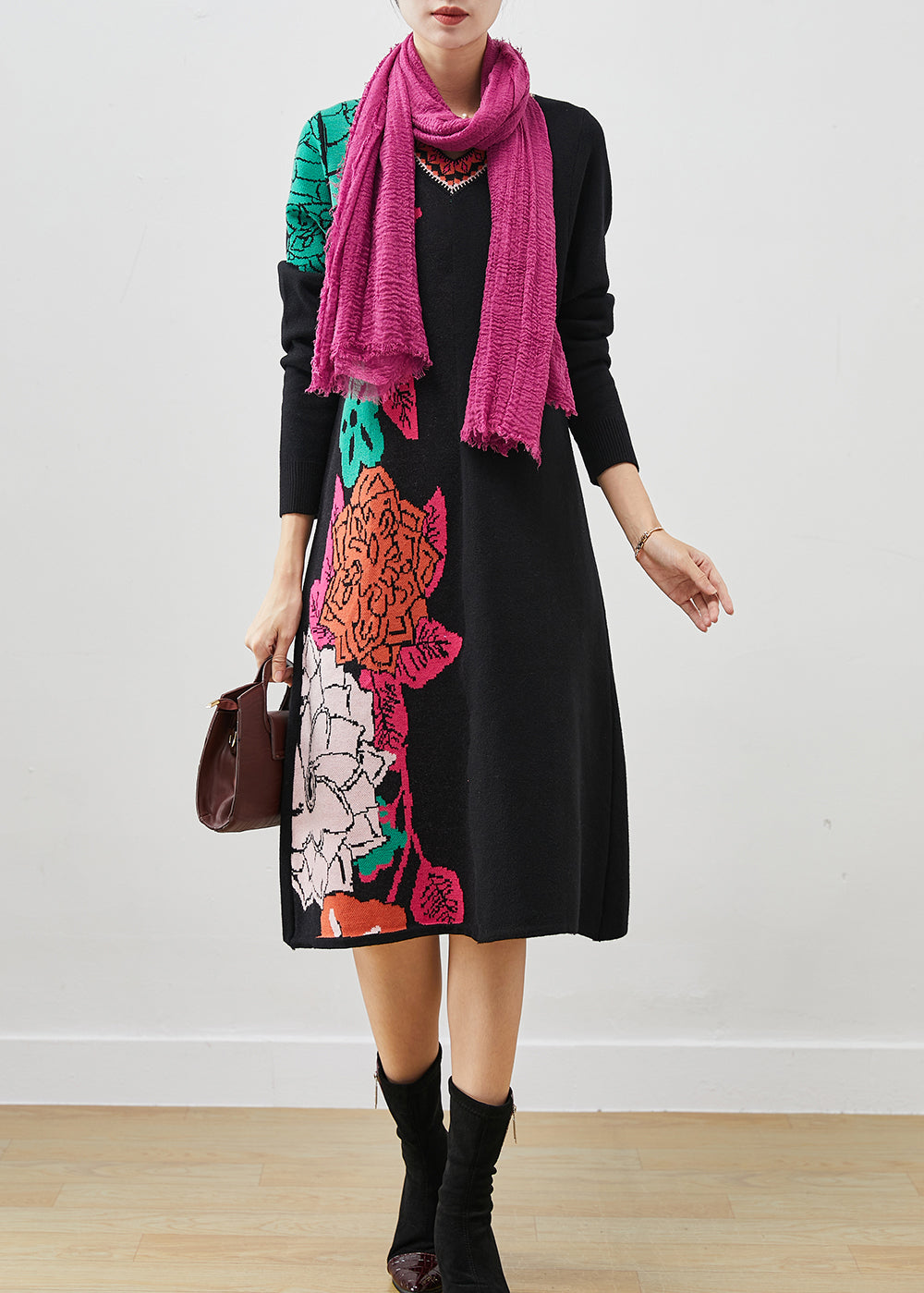 Black Print Original Design Knit Long Sweater Spring