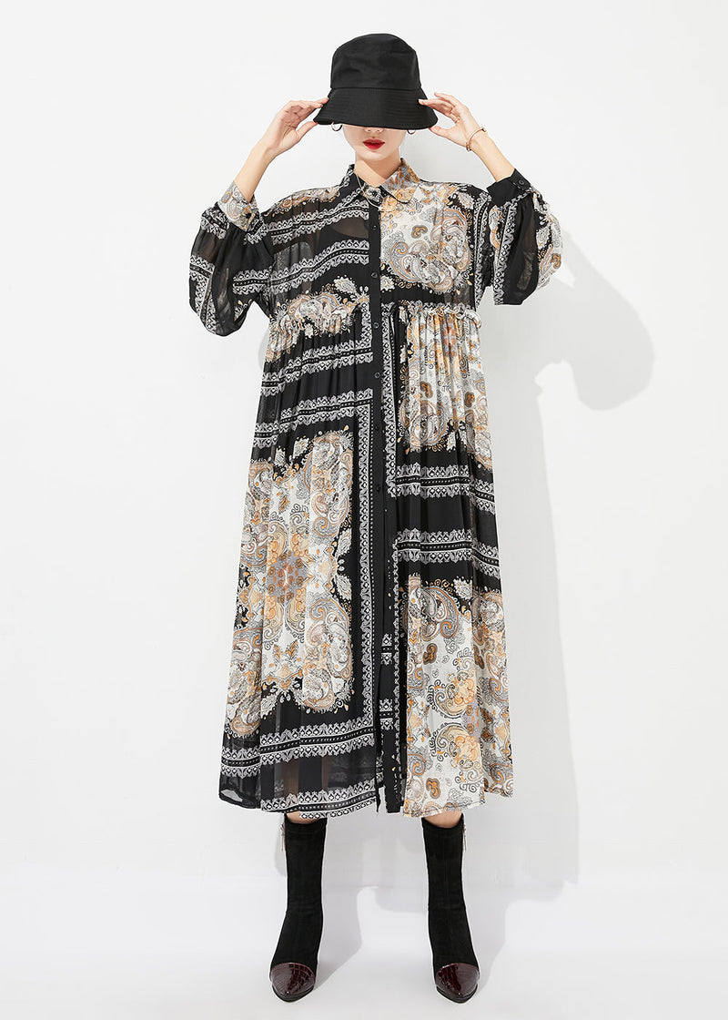 Black Print Oversized Wrinkled Chiffon Long Dresses Spring