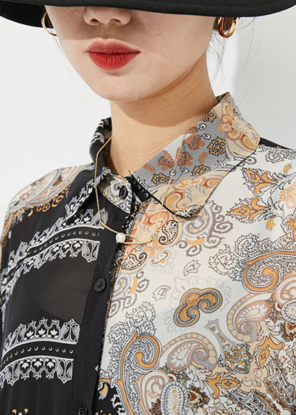 Black Print Oversized Wrinkled Chiffon Long Dresses Spring