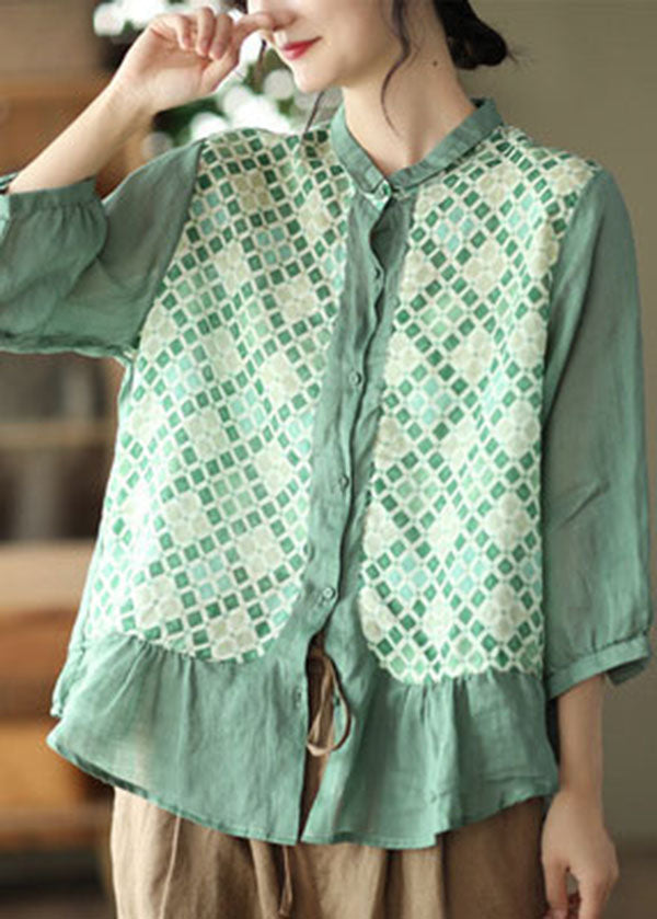 Black Print Patchwork Linen Shirt Three Quarter Sleeve