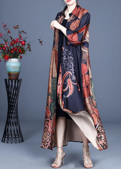 Black Print Summer Silk Peter Pan Collar Cardigan Long