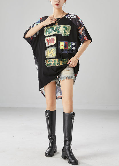 Black Print Tasseled Low High Design Cotton Tank Summer