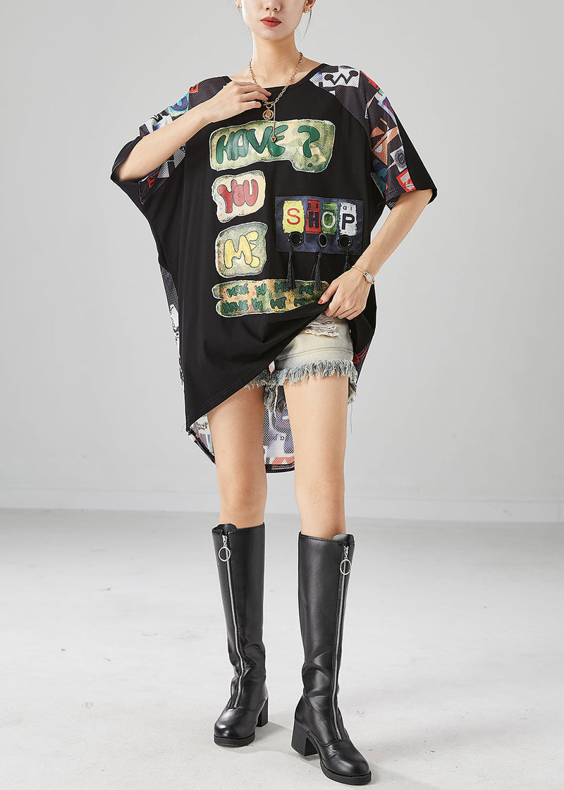 Black Print Tasseled Low High Design Cotton Tank Summer