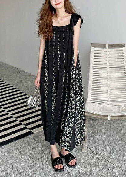 Black Print Wrinkled Patchwork Cotton Dresses Summer