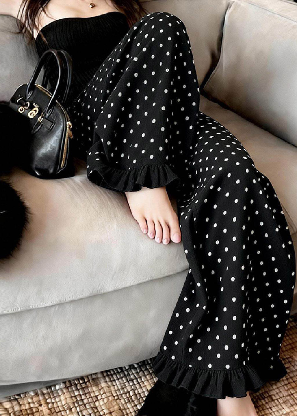Black Ruffled Dot Print Wide Leg Pants Summer