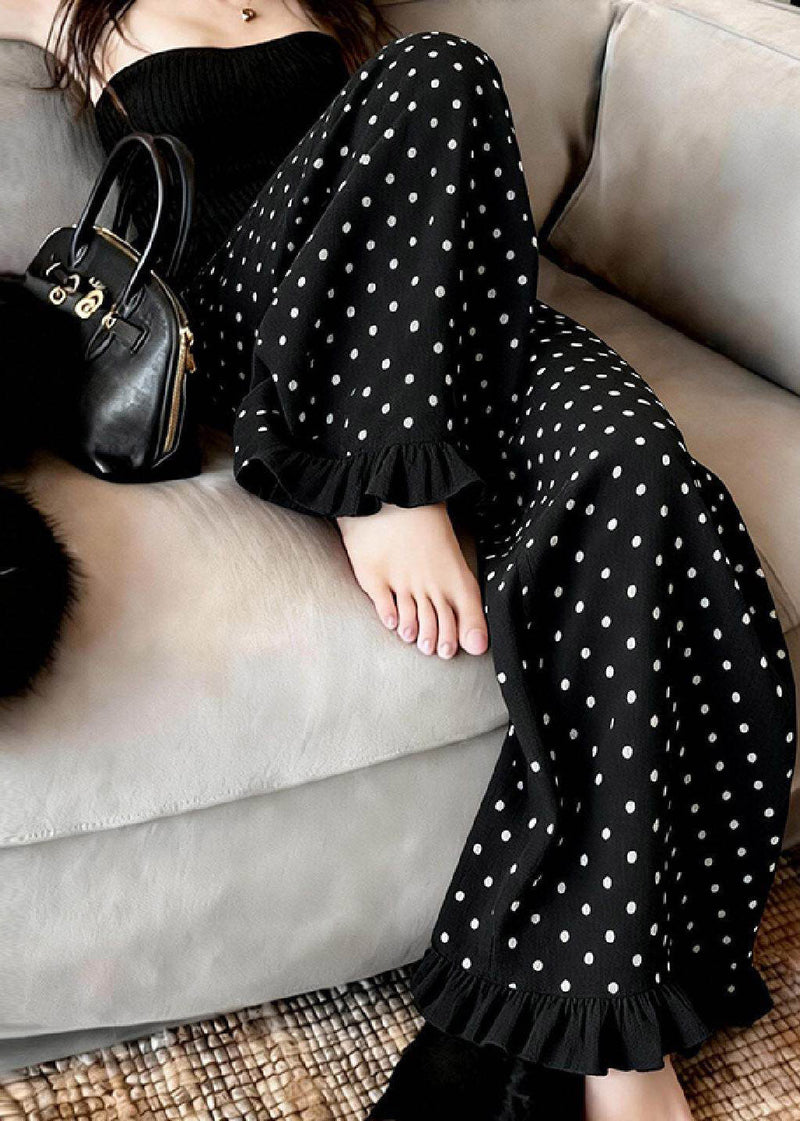 Black Ruffled Dot Print Wide Leg Pants Summer