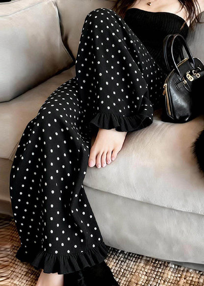Black Ruffled Dot Print Wide Leg Pants Summer