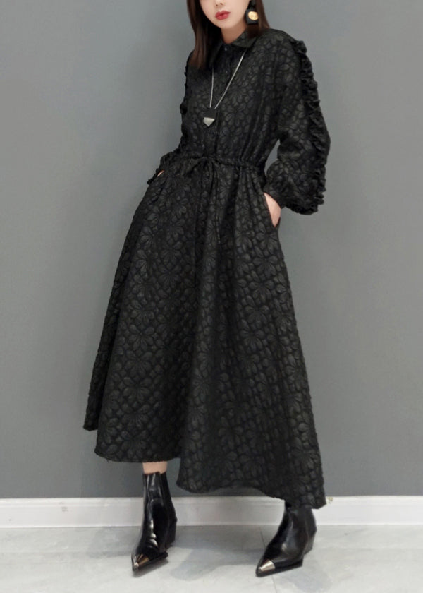 Black Ruffled Jacquard Patchwork Cotton Long Dress Fall