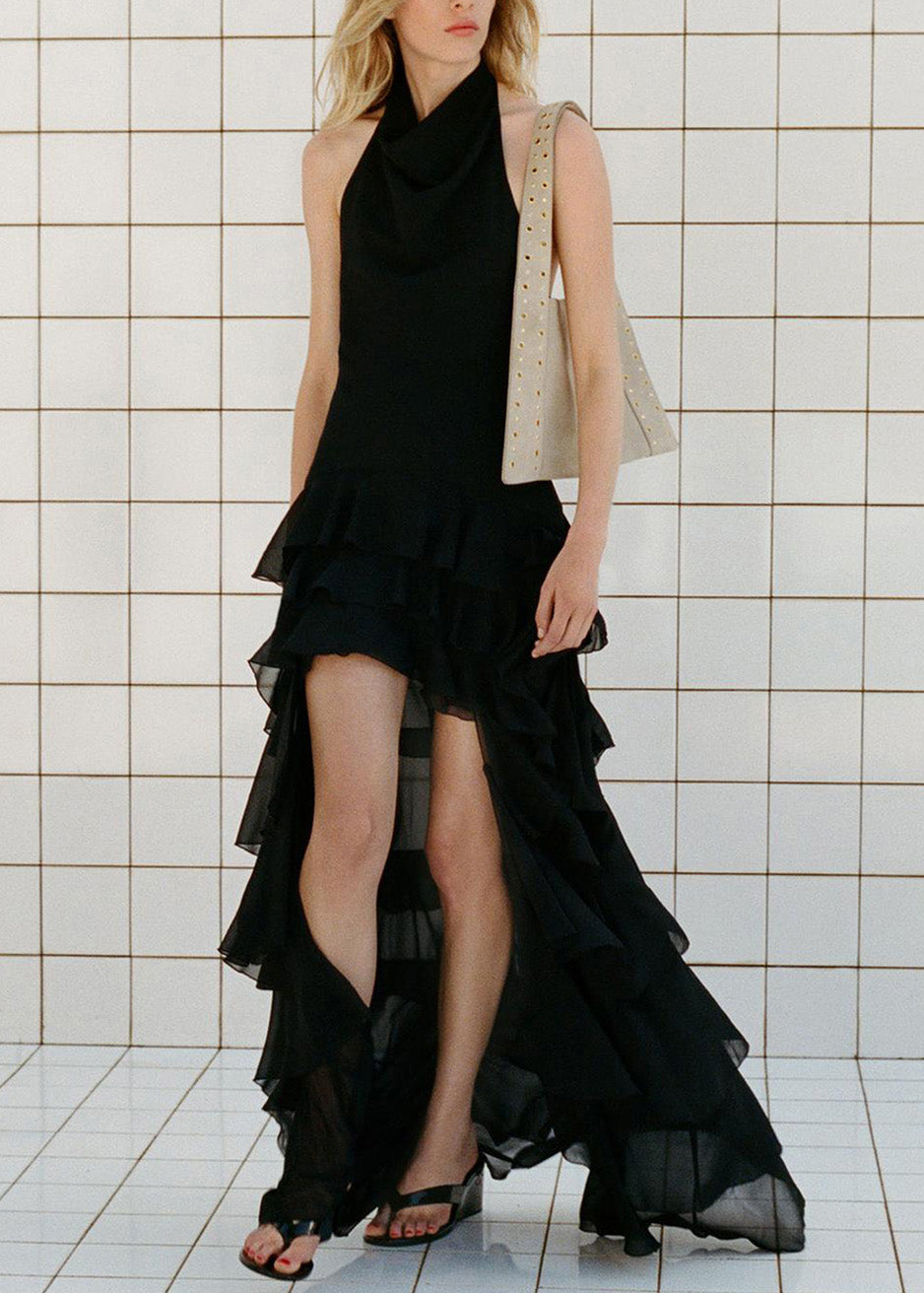 Black Ruffled Low High Design Chiffon Dresses Sleeveless