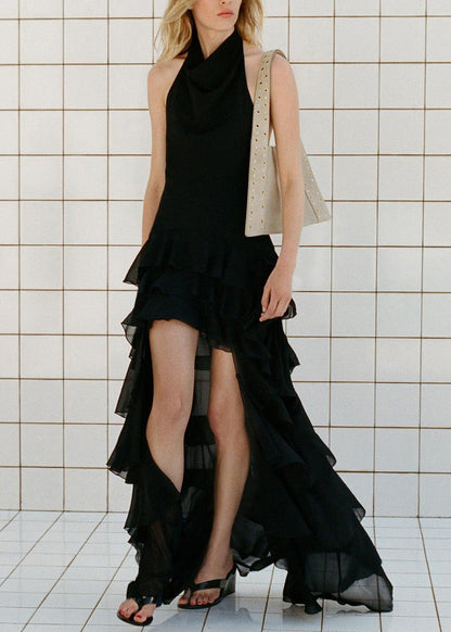 Black Ruffled Low High Design Chiffon Dresses Sleeveless