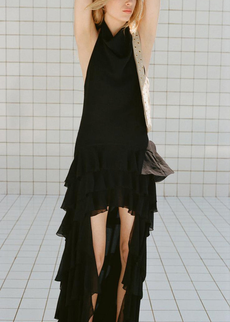 Black Ruffled Low High Design Chiffon Dresses Sleeveless
