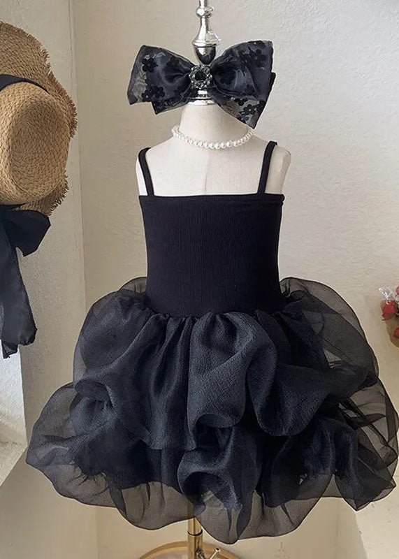 Black Ruffled Patchwork Tulle Kids Robe Dresses Summer