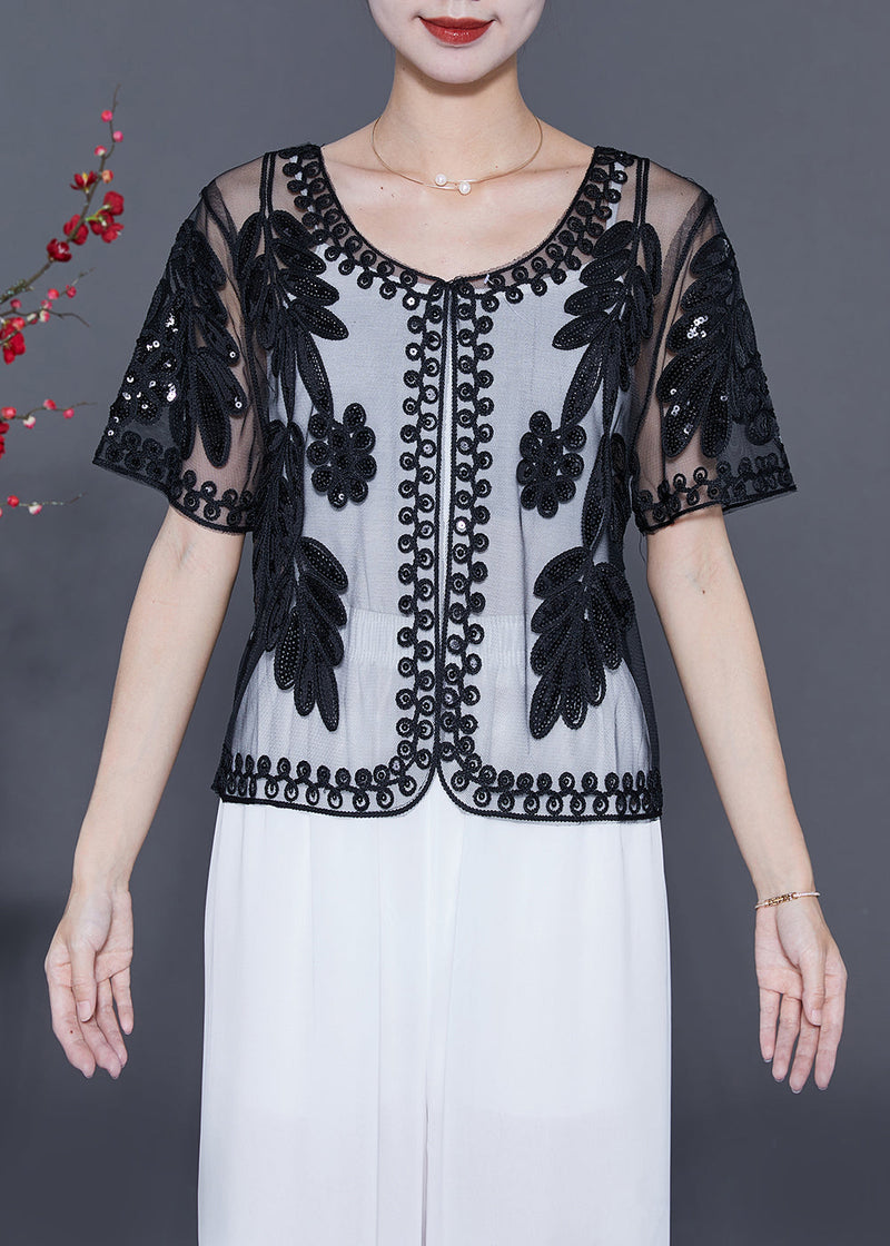 Black Sequins Embroideried Tulle Cardigans Summer