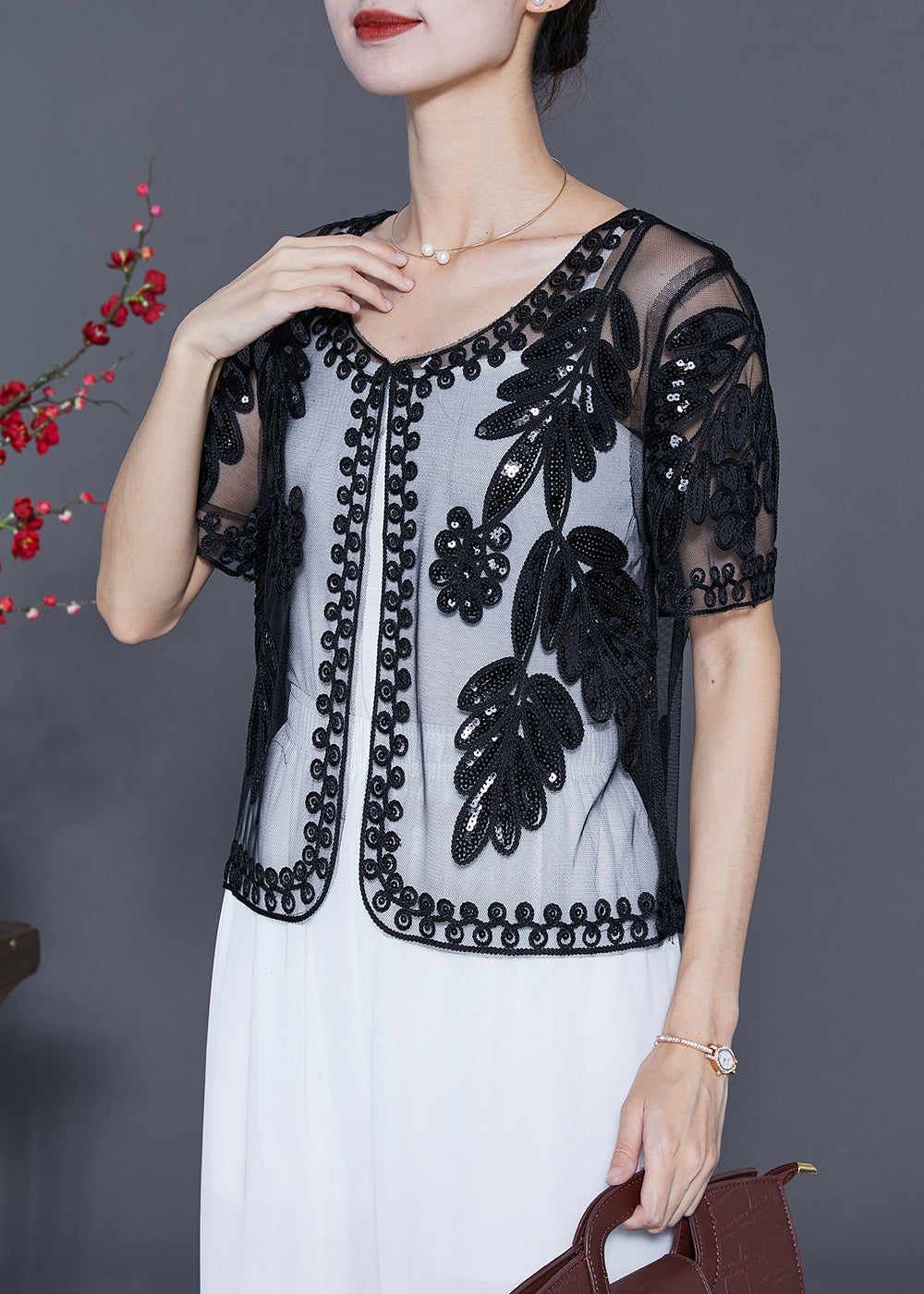 Black Sequins Embroideried Tulle Cardigans Summer