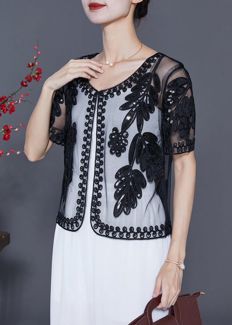 Black Sequins Embroideried Tulle Cardigans Summer