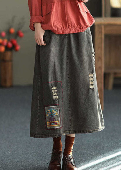 Black Side Open Embroideried Pockets Cotton Denim Ripped Skirt Summer