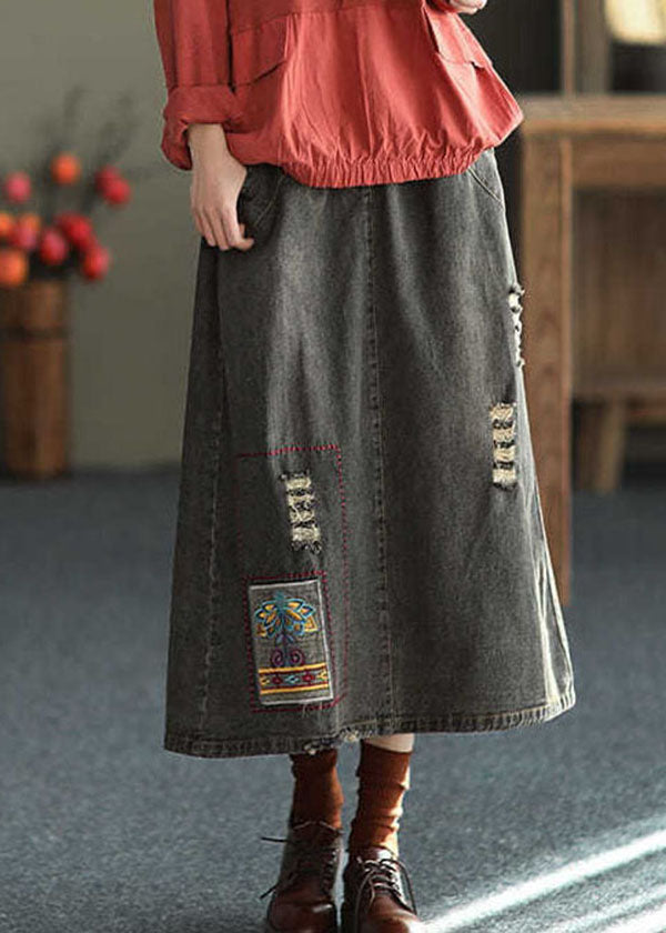 Black Side Open Embroideried Pockets Cotton Denim Ripped Skirt Summer