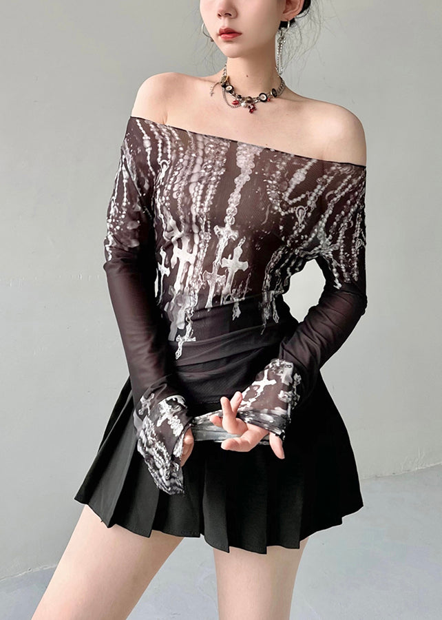 Black Slash Neck Print Tulle Top Fall