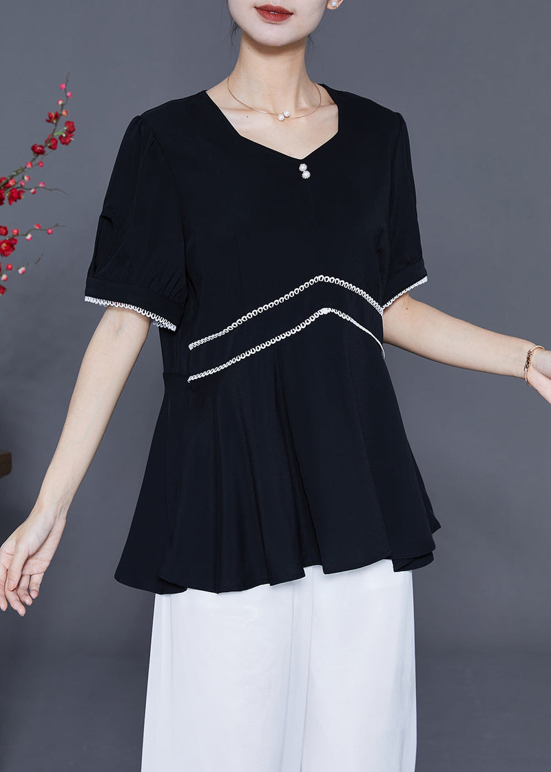 Black Slim Fit Patchwork Exra Large Hem Chiffon Blouse Tops Summer